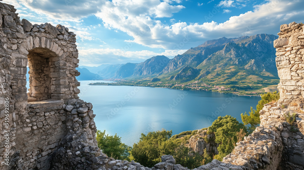 Fototapeta premium From the heights of the ancient fortress there is a breathtaking view of the tranquil lake and the surrounding mountains.