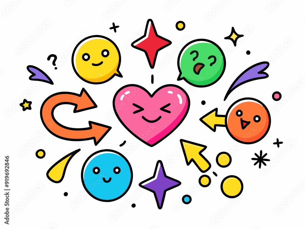 Doodle expressions sign. Comic emotion effects, Manga hand drawn color decorative emoticons elements. Expressive lines, directional arrows, sparkles, heart, question mark. Vector set
Doodle expressions sign. Comic emotion effects, Manga hand drawn color decorative emoticons elements. Expressive lines, directional arrows, sparkles, heart, question mark. Vector set