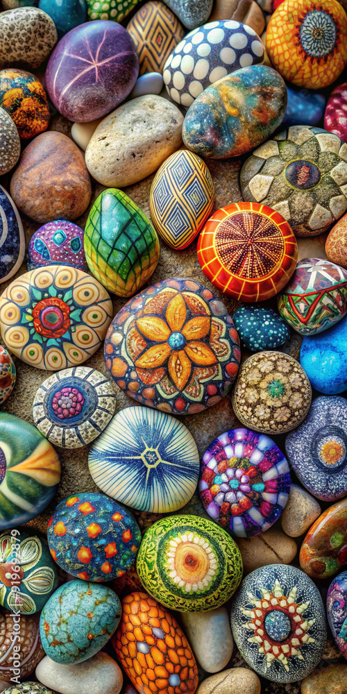 A collection of colorful rocks with intricate and unique patterns. Each stone is individually painted with vibrant designs, showcasing creativity and artistry A collection of colorful rocks with intricate and unique patterns. Each stone is individually painted with vibrant designs, showcasing creativity and artistry