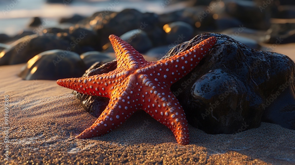 A red starfish on a black rock, with a blurred background of water and rocks. A red starfish on a black rock, with a blurred background of water and rocks.