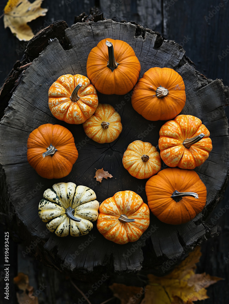 Pumpkins on a stump from a bird's eye view