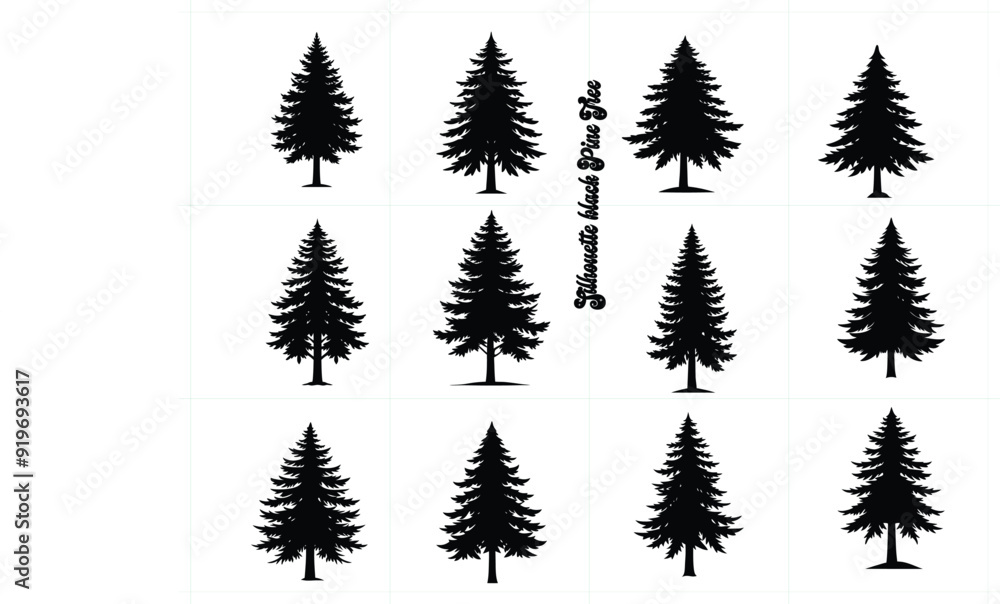 Fototapeta premium black silhouette pine tree, white background
