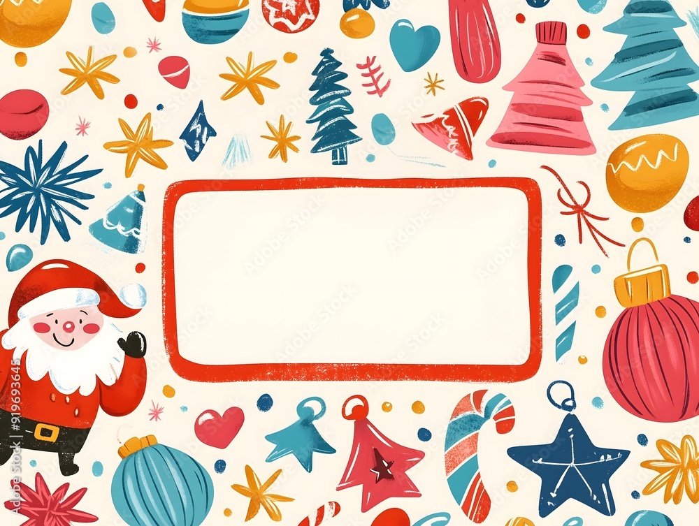 Obraz premium Cartoon Template with Christmas elements in cute Doodle Style.. Cartoon Santa Claus and Christmas tree toys. Greeting card with copy space for text for holiday marketing campaign and promo web design.