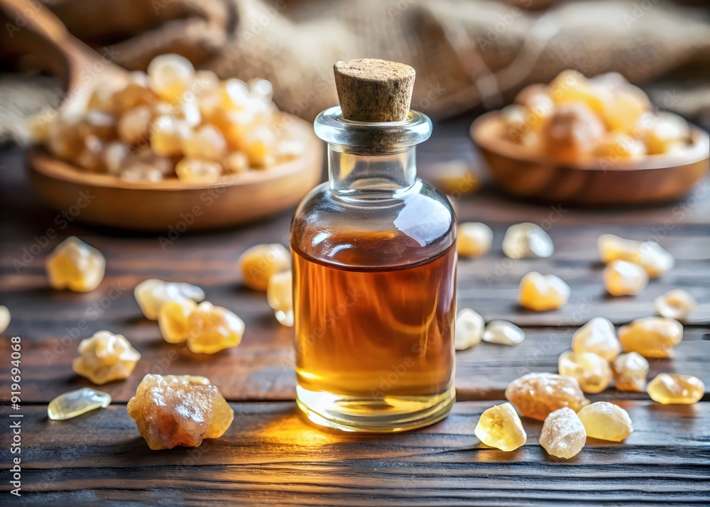 Aromatic Essential Oil Bottle Surrounded Natural Resin Crystals Wood Aromatic Essential Oil Bottle Surrounded Natural Resin Crystals Wood