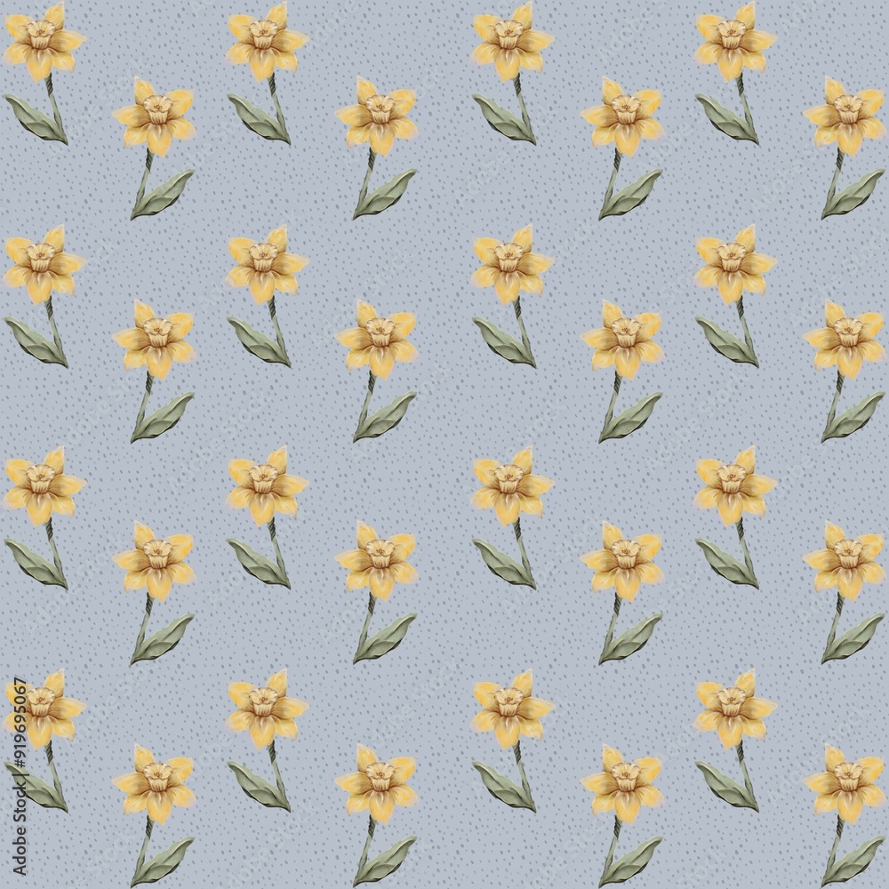 Yellow flowers in a repeating pattern on a soft blue background Yellow flowers in a repeating pattern on a soft blue background