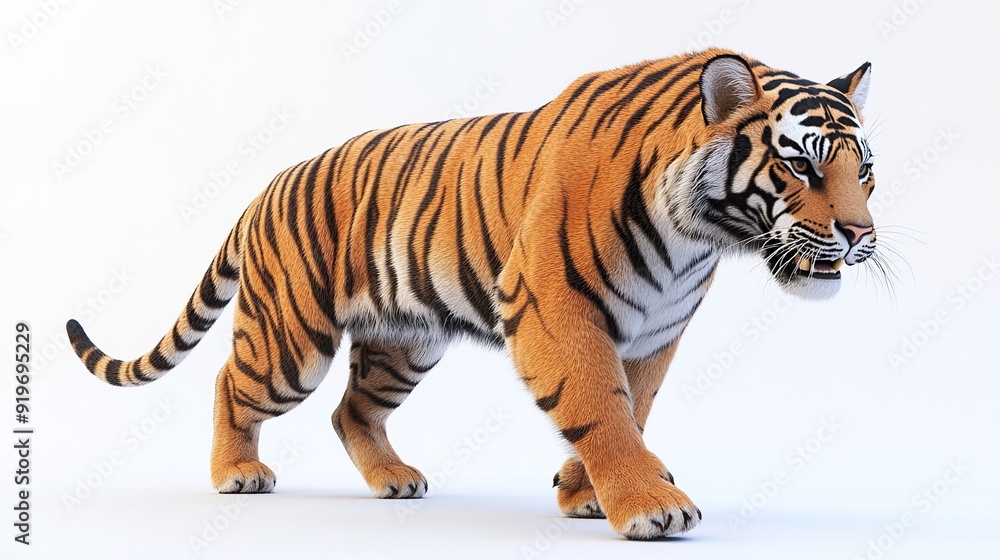 Obraz premium A tiger walks on a white background with its mouth slightly open and showing its fangs.