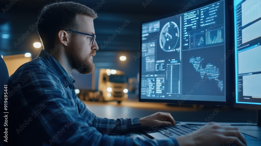 Obraz premium Logistics manager is looking at transportation data on computer.