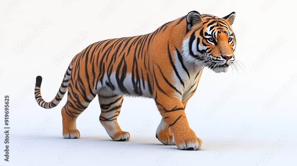 Obraz premium A tiger with orange and black stripes walks across a white background.