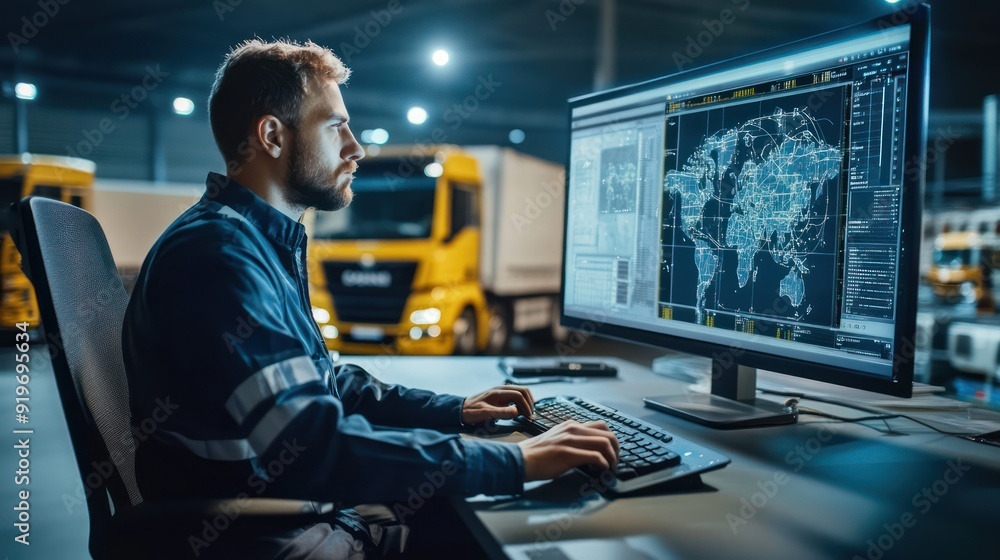 Logistics manager is looking at transportation data on computer. Logistics manager is looking at transportation data on computer.
