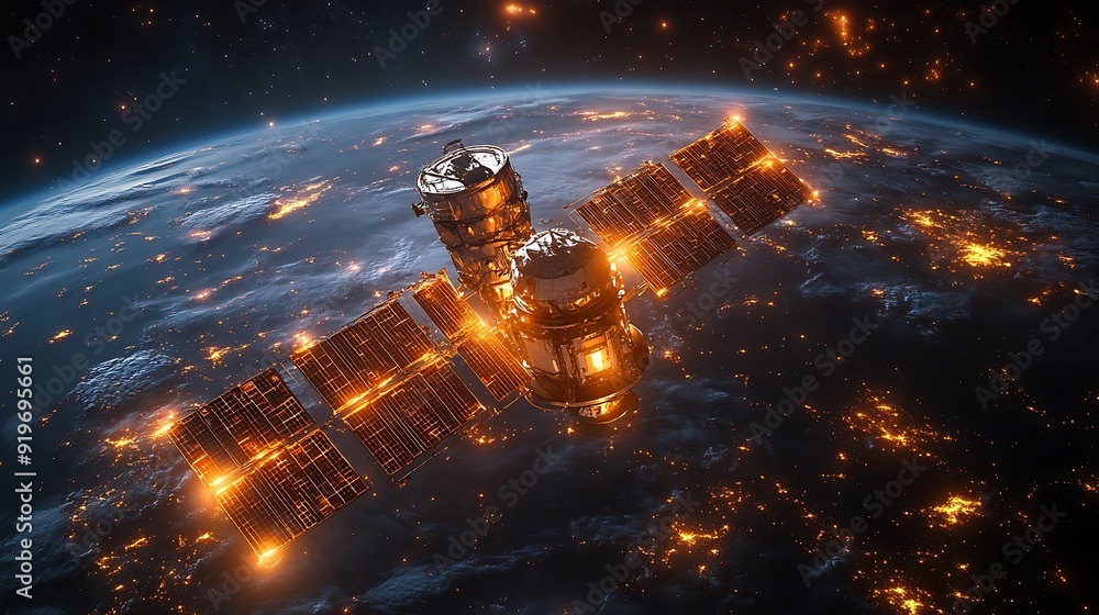 Satellite orbiting Earth with glowing solar panels. Satellite orbiting Earth with glowing solar panels.