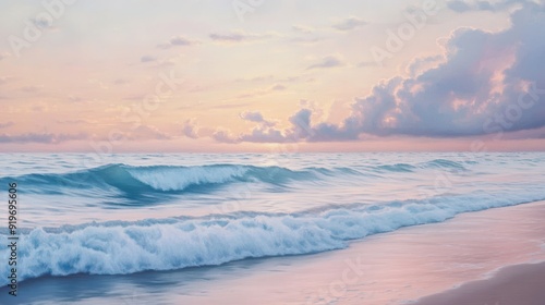 Serene Ocean Waves Crashing on Sandy Beach at Sunset with Pastel Sky.