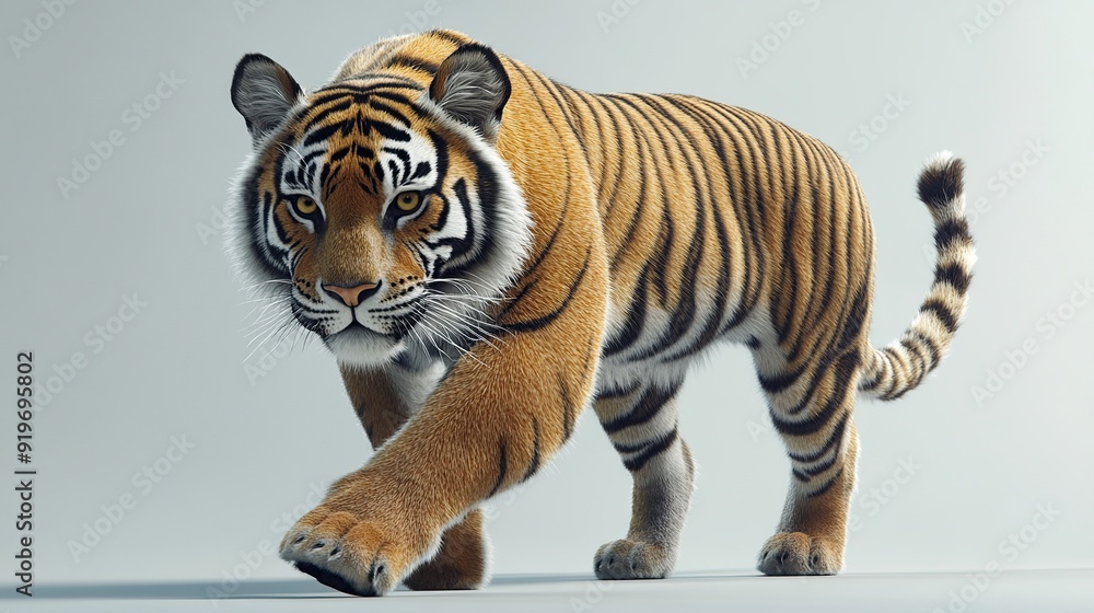 Obraz premium A tiger with orange and black stripes walks on a gray background.