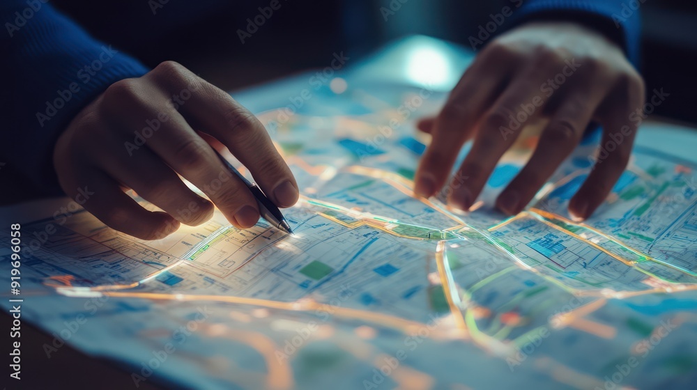 Naklejka premium Transportation route planning using maps and technological devices