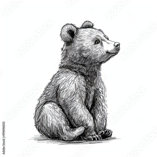 A baby bear sitting on a white background. Fairytale character. Animal in black and white style. Illustration for cover, card, postcard, interior design, decor or print. photo