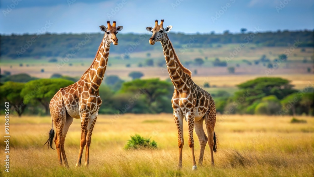 Obraz premium Two graceful giraffes standing tall in savanna habitat , wildlife, animals, nature, safari, African