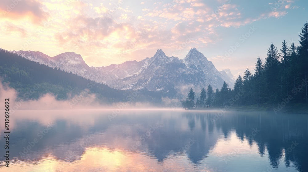 Majestic Mountain Peak Reflection in Serene Lake at Sunrise. Majestic Mountain Peak Reflection in Serene Lake at Sunrise.