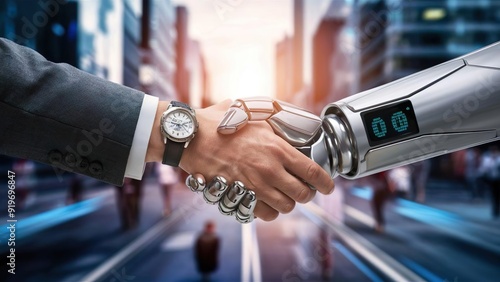 human hand shaking robot hand in business suit, futuristic human-robot handshake concept, artificial intelligence and human collaboration visual, human-machine partnership in technology