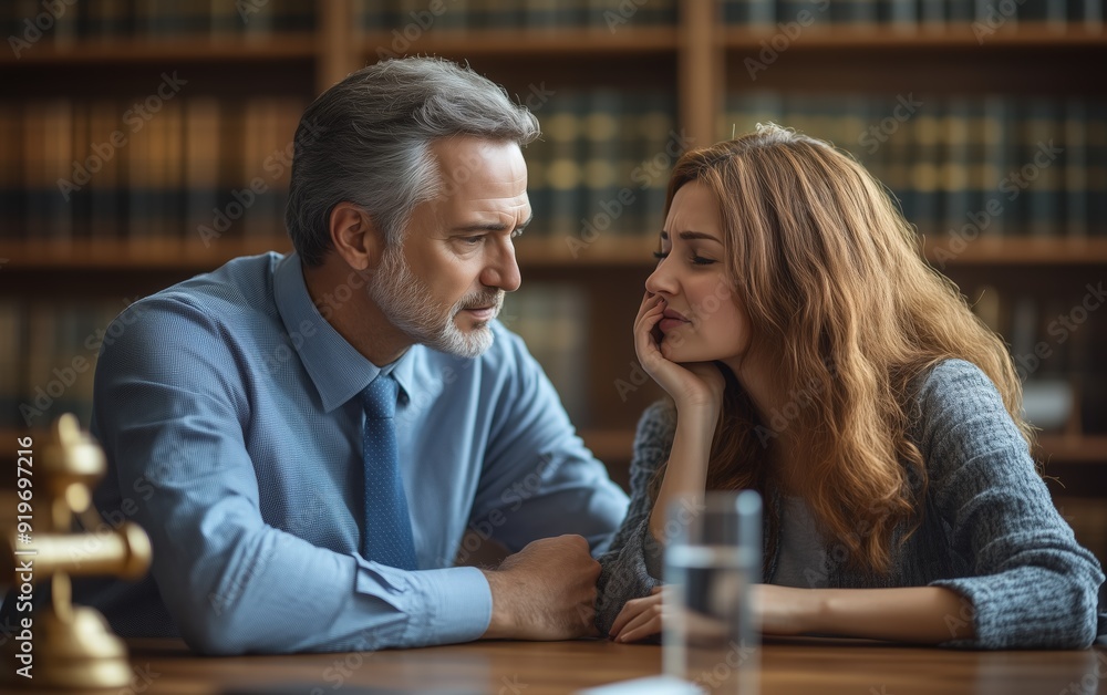 A lawyer comforts a tearful client in a private meeting room, offering empathy and support during a difficult legal battle, tissues and a glass of water on the table. A lawyer comforts a tearful client in a private meeting room, offering empathy and support during a difficult legal battle, tissues and a glass of water on the table.