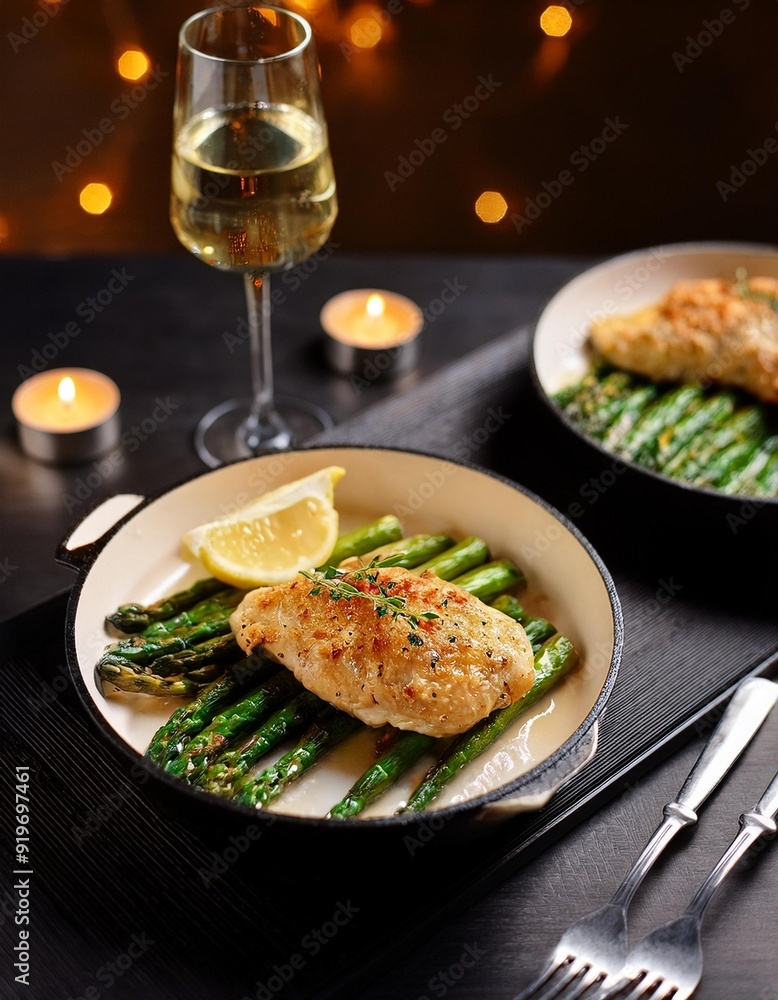 Main course dish meal Lemon garlic parmesan chicken with asparagus. Main course dish meal Lemon garlic parmesan chicken with asparagus.