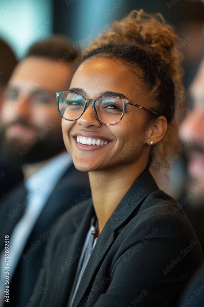 Cheerful businesspeople smiling during a presentation, Generative AI Cheerful businesspeople smiling during a presentation, Generative AI