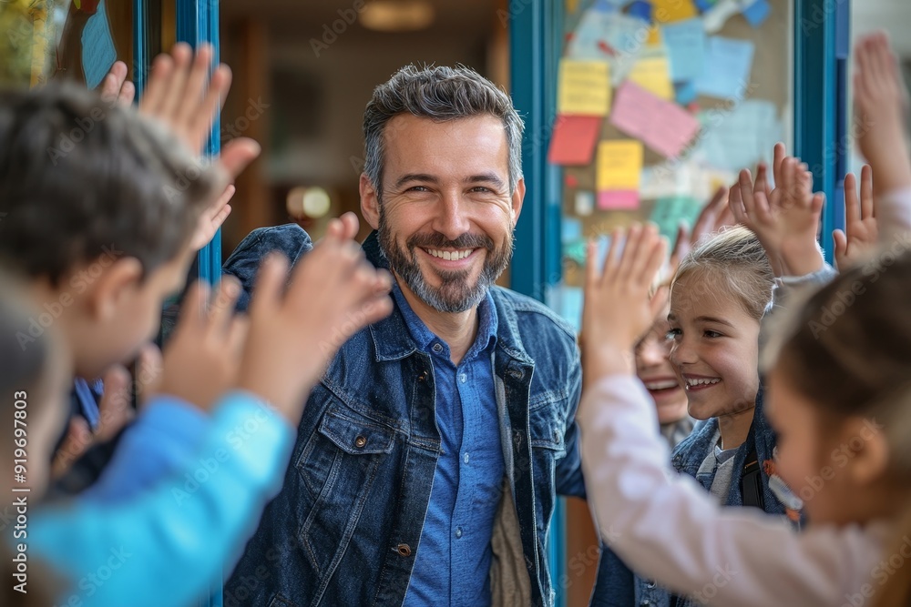 Elementary school teacher greeting his students at the door. Male teacher welcoming his class with a high five, Generative AI Elementary school teacher greeting his students at the door. Male teacher welcoming his class with a high five, Generative AI