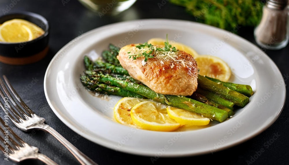 Main course dish meal Lemon garlic parmesan chicken with asparagus. Main course dish meal Lemon garlic parmesan chicken with asparagus.