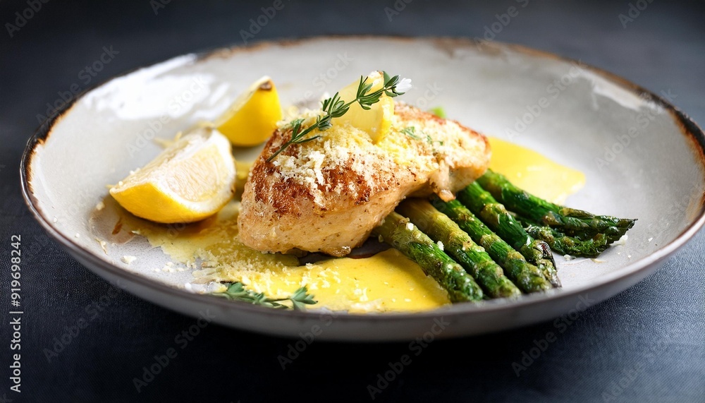 Main course dish meal Lemon garlic parmesan chicken with asparagus. Main course dish meal Lemon garlic parmesan chicken with asparagus.