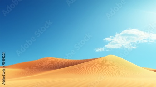 desert landscape with golden dunes stretching out under a deep blue sky, with the bright sunlight casting soft shadows