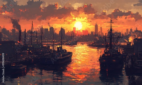 Wallpaper Mural Bustling Harbor at Sunset with Docked Ships and City Skyline Torontodigital.ca