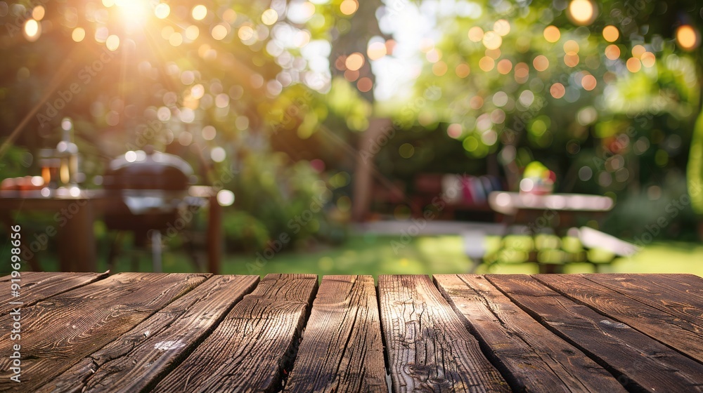 summer time party in backyard garden with grill BBQ, wooden table, blurred background summer time party in backyard garden with grill BBQ, wooden table, blurred background