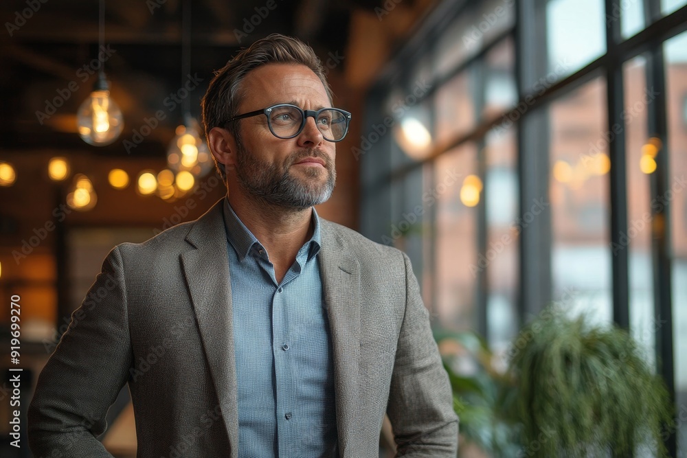 Contemplative businessman standing in a co-working space, Generative AI Contemplative businessman standing in a co-working space, Generative AI
