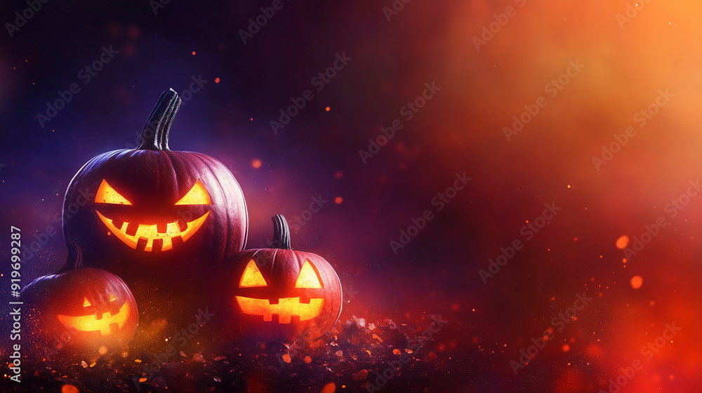 Fototapeta premium Jack-o'-lanterns in a cemetery on a spooky night - Halloween background, creepy spooky wallpaper for poster or postcard. AI generation