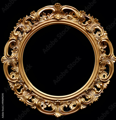 Elegant round gold frame with intricate baroque details on a black background