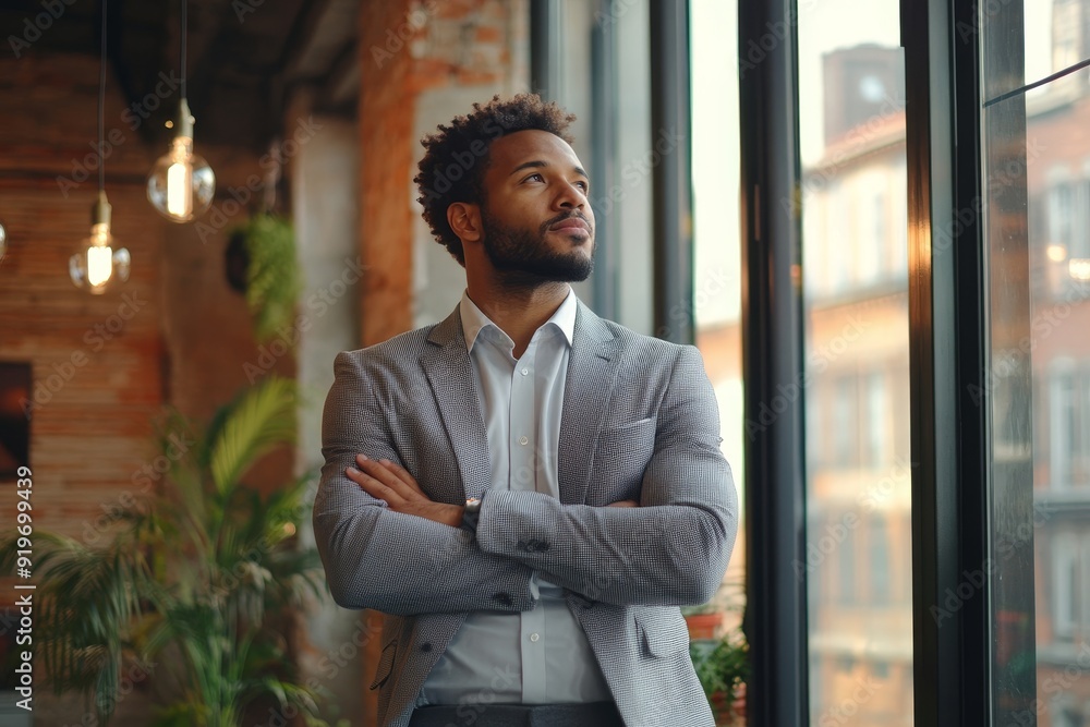 Contemplative businessman standing in a co-working space, Generative AI Contemplative businessman standing in a co-working space, Generative AI
