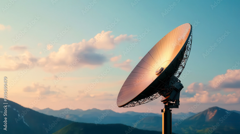 A satellite dish stands against a scenic mountain backdrop under a bright sky, representing communication and technology. A satellite dish stands against a scenic mountain backdrop under a bright sky, representing communication and technology.