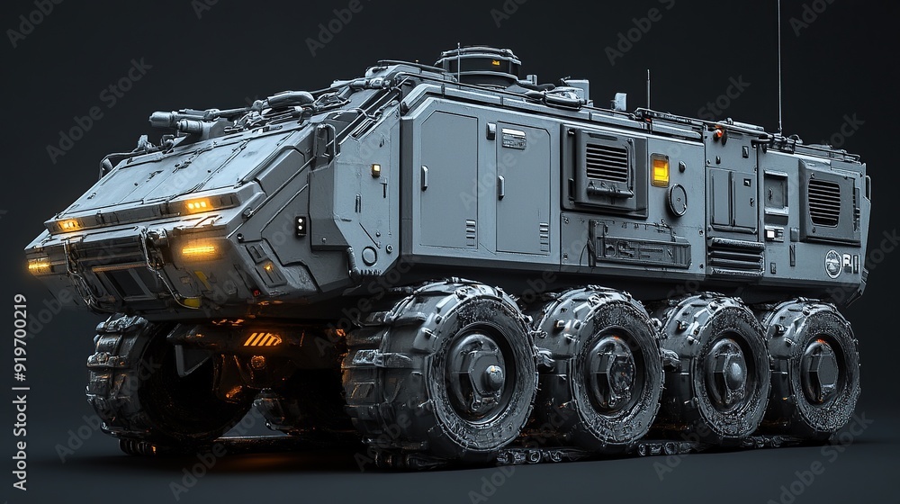 Futuristic armored vehicle with six large wheels and lights on a dark background. Futuristic armored vehicle with six large wheels and lights on a dark background.