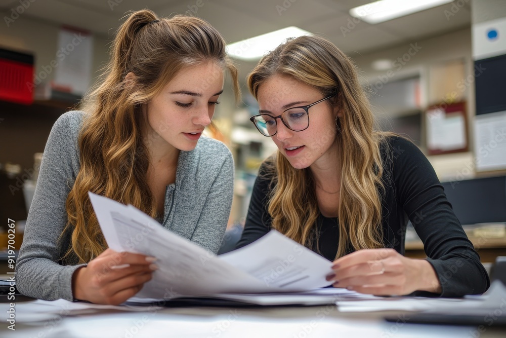 Two women analyzing documents at office, Generative AI Two women analyzing documents at office, Generative AI