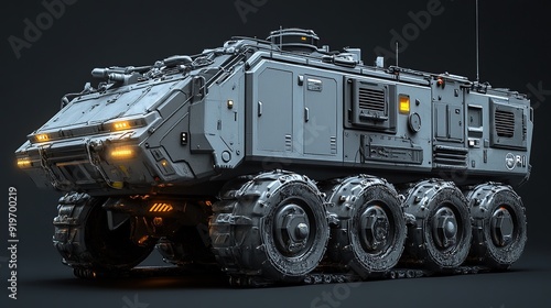 Futuristic armored vehicle with six large wheels and lights on a dark background. photo