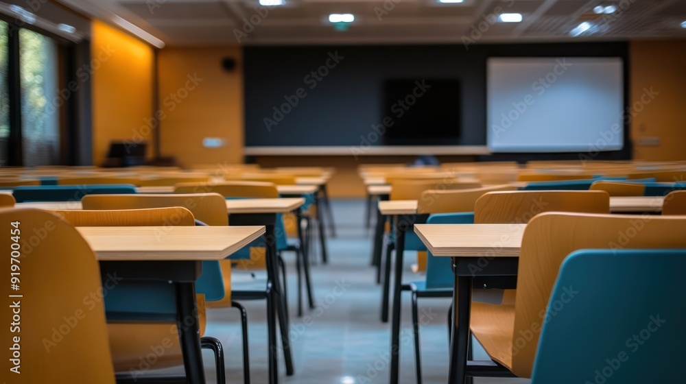 Photo of an empty university classroom with empty chairs and business conference room tables. Photo of an empty university classroom with empty chairs and business conference room tables.