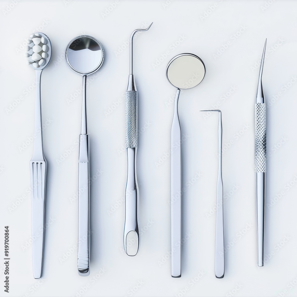 Collection of dental instruments such as mirrors probes and picks displayed on a clean white surface Collection of dental instruments such as mirrors probes and picks displayed on a clean white surface