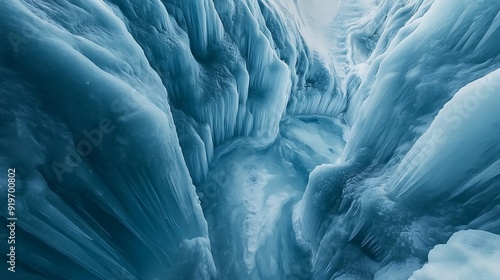 Textured ice waterfall cascades over ancient rock, mirroring winter sky in frozen blue