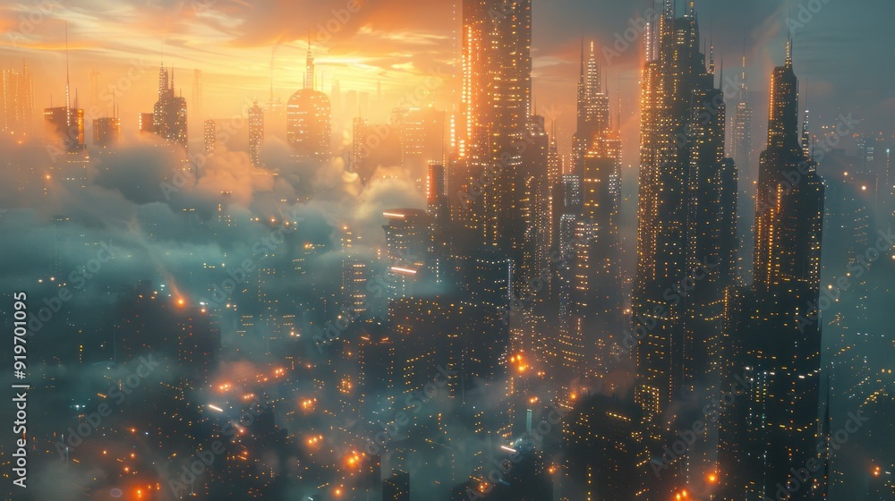 Futuristic Cityscape with Sunset Clouds Futuristic Cityscape with Sunset Clouds