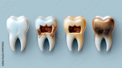 Stages of tooth decay illustrated on four teeth showing progression from healthy to severely decayed photo