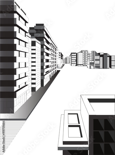 Black and White city vector perspective illustration