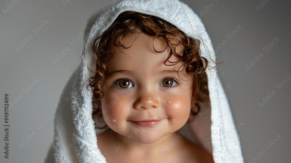 Adorable Baby Wrapped in Towel After Bath. Adorable Baby Wrapped in Towel After Bath.
