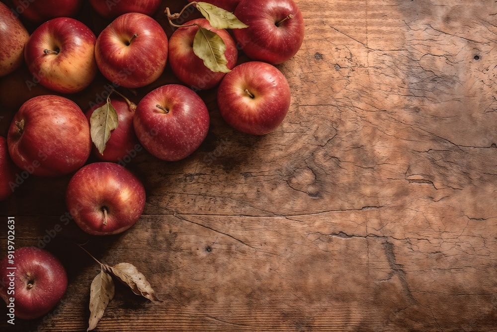 Fresh Red Apples on Rustic Wooden Table with Leaves – Seasonal Autumn Harvest Fresh Red Apples on Rustic Wooden Table with Leaves – Seasonal Autumn Harvest