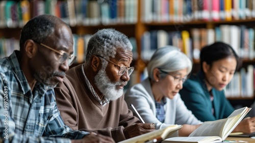 A group of older adults studying in a library, showcasing a commitment to lifelong learning