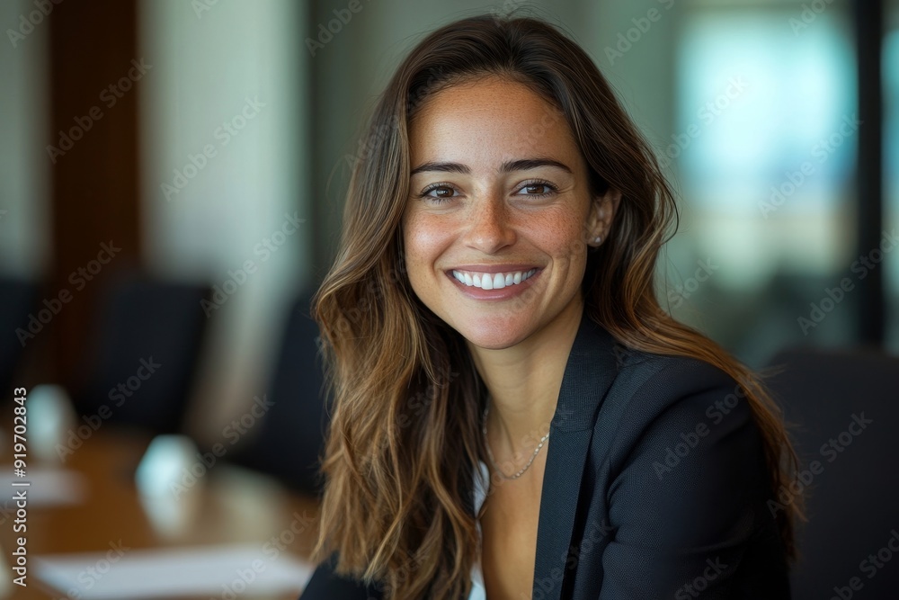 Fototapeta premium Cheerful businesswoman smiling at the camera in a boardroom, Generative AI