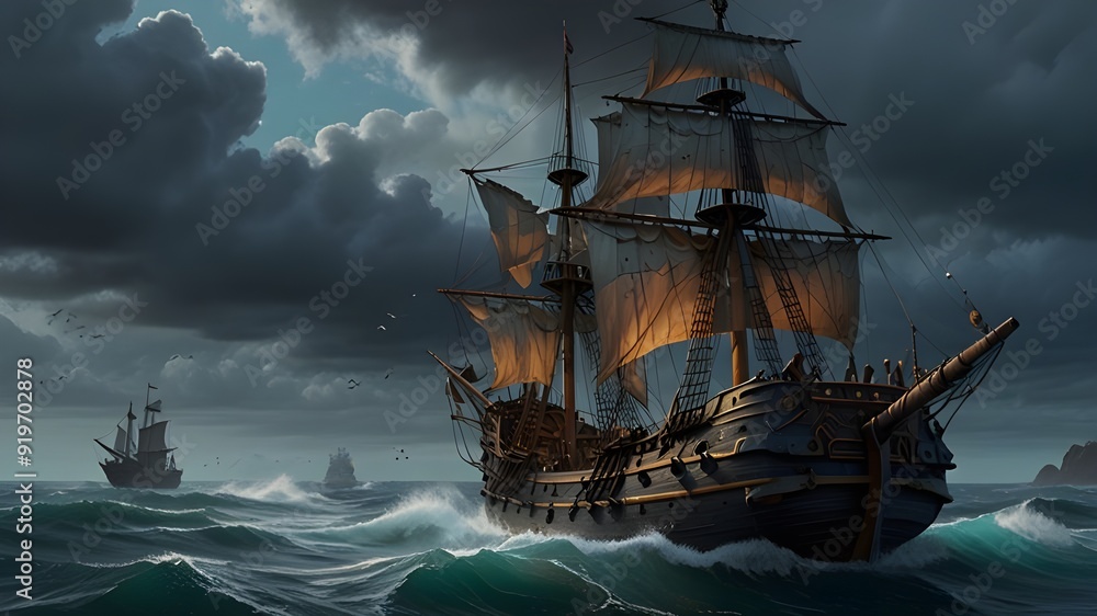 Fototapeta premium Pirate Ship in sea & storm