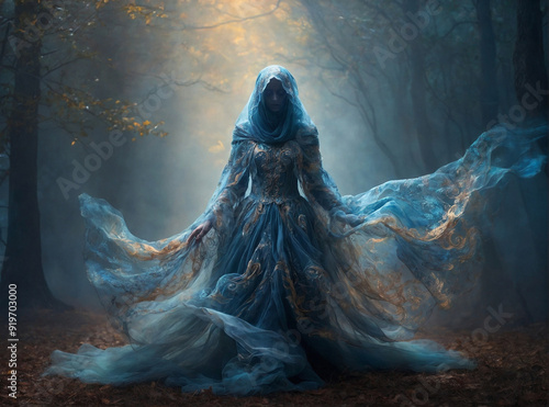 Enigmatic veiled woman in flowing blue gown standing in a mystical forest. Mistery, magic, halloween.